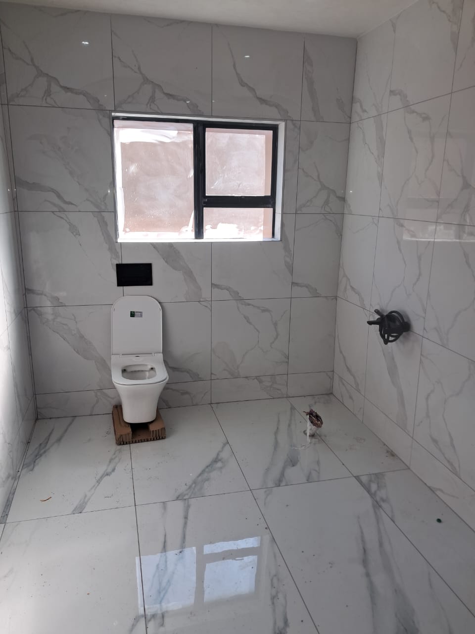 Wall-hung toilet with dual-flush plate installed beneath a bathroom window